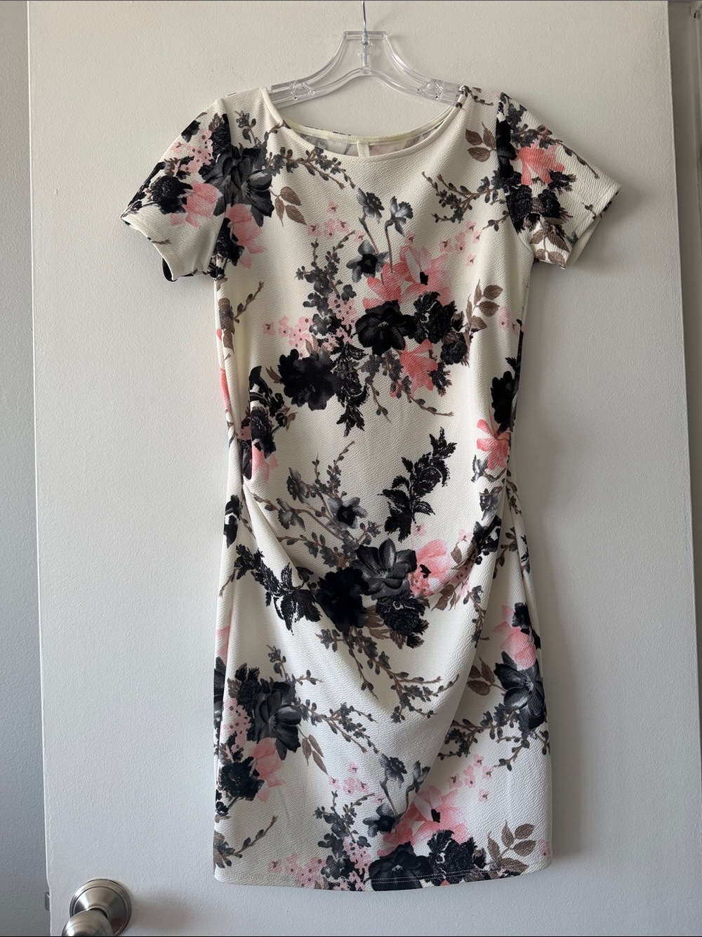PinkBlush Maternity Floral Ruched Fitted Sheath Dress Cream Pink Baby Shower S
